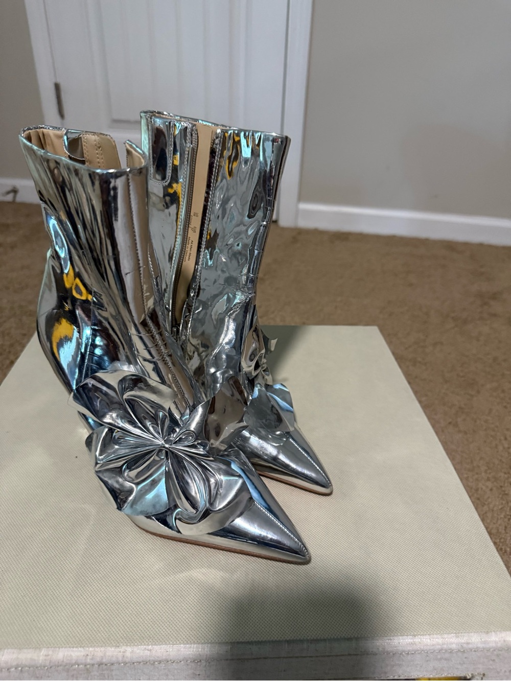 Metallic Silver Pointed-Toe Ankle Boots with Floral Accent
